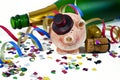 Lucky charm talisman with confetti, cork, champagne bottle. Happy New Year. New years eve Royalty Free Stock Photo