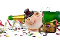 Lucky charm talisman with confetti, cork, champagne bottle. Happy New Year. New years eve Royalty Free Stock Photo