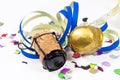 Lucky charm talisman with confetti, cork, champagne bottle. Happy New Year. New years eve Royalty Free Stock Photo