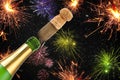 Lucky charm talisman with confetti, cork, champagne bottle. Happy New Year. New years eve Royalty Free Stock Photo