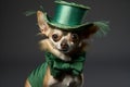 Lucky Chihuahua in Stylish Green St. Patricks Day Costume, with Adorable Top Hat and Classy Tie.