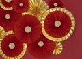 Lucky Chinese new year red background decoration with paper fan