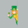 Lucky clover in hand leprechaun gnome looking out corner saint patrick celebration clover flat design vector