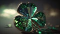 Lucky clover shaped sparkling diamond emerald. Crystal ornate jewelry design. Intricate luxury green gem. St. Patrick\'s Day.