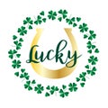 Lucky gold horseshoe in shamrock circle frame