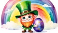 A lucky Irish Leprechaun with a red beard standing by his purple Easter Egg