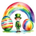 A lucky Irish Leprechaun standing by his two gigantic Easter Eggs
