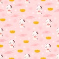 Lucky japanese cat with ingots, maneki neko in childsh cartoon style on pink background, seamless pattern