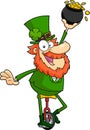 Lucky Leprechaun Cartoon Character On Unicycle With A Pot Of Gold