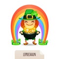 Lucky Leprechaun with coins in front of a rainbow Royalty Free Stock Photo