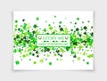 Lucky in Love for Happy Saint Patrick`s Day design greeting card with scattered four leaved clovers and shamrocks isolated on