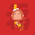 Lucky Monkey Chinese New Year 2016 with Chinese Character: meaning is Good Fortune Royalty Free Stock Photo