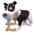 Lucky puppy dog holds a UK Pounds sterling currency symbol, 3d render