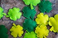 Lucky shamrocks, concept for St Patricks Day in March. Flatlay on marble background