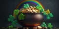 Lucky shamrocks with golden bokeh glitter. Pot of gold at the end of the Rainbow. St. Patrick\'s Day background. Royalty Free Stock Photo