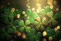 Lucky shamrocks with golden bokeh glitter. St. Patrick's Day background. Luck of the Irish. Four Leaf clover Royalty Free Stock Photo