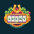 Lucky slot machine with horseshoe and shamrock flat illustration green background