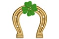 Lucky symbols golden horseshoe shamrock isolated on white background 3D illustration. Royalty Free Stock Photo