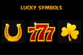 Lucky symbols - seven, clover and horseshoe. Golden icons for slots and casino game