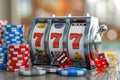 Lucky Triple Sevens Jackpot on Slot Machine with Casino Chips and Dice on Vibrant Background Royalty Free Stock Photo