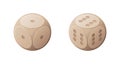 2 lucky and unlucky wooden game dice with round corners and wooden texture.