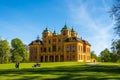 Ludwigsburg Castle Favoriten historic building in spring time with beautiful garden with flower and green grass and blue sky