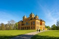 Ludwigsburg Castle Favoriten historic building in spring time with beautiful garden with flower and green grass and blue sky
