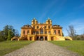 Ludwigsburg Castle Favoriten historic building in spring time with beautiful garden with flower and green grass and blue sky
