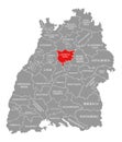 Ludwigsburg county red highlighted in map of Baden Wuerttemberg Germany