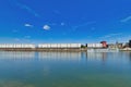 Ludwigshafen, Germany - View from Ludwigshafen at Rhine river and \'Graeff Spedition\' transport company buildings in