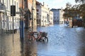 LUEBECK, GERMANY, JANUARY 2, 2019: bicycles in the flood of the river Trave with high water in the historic old town of Luebeck,