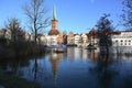 LUEBECK, GERMANY, JANUARY 2, 2019: High water in the river Trave in the famous tourism town Luebeck, Germany, blue sky, copy