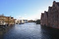 LUEBECK, GERMANY, JANUARY 2, 2019: River Trave with high water in the historic old town of Luebeck, Germany, blue sky, copy space