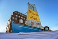 Luebeck, Germany, March 25, 2022: Fridays for the future demonstration, sailing ship with German slogan, Die Segel sind gesetzt,