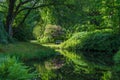 Luetetsburg Castle Gardens with Rhododendron, Pond, Trees and White Bench, East Frisia, Germany