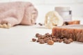 Luffa and cocoa homemade soap and bathroom accessories made from natural materials, coffee beans Royalty Free Stock Photo