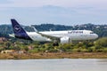 Lufthansa Airbus A320neo airplane Corfu airport in Greece Royalty Free Stock Photo