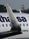 Lufthansa Airbus A320neo plane, close-up view of wing Royalty Free Stock Photo