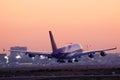 Lufthansa Airbus A380 plane landing at Frankfurt Airport, FRA, sunrise Royalty Free Stock Photo