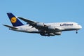 Lufthansa Airbus A380 plane taking off, close-up Royalty Free Stock Photo