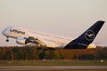 Lufthansa Airbus A380 plane taking off, close-up Royalty Free Stock Photo