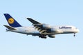 Lufthansa Airbus A380 plane taking off, close-up Royalty Free Stock Photo