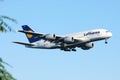 Lufthansa Airbus A380 plane taking off, close-up Royalty Free Stock Photo