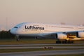 Lufthansa Airbus A380 plane taking off, close-up Royalty Free Stock Photo