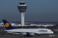 Lufthansa Airbus A380 plane doing taxi on runway, Munich Airport, MUC Royalty Free Stock Photo