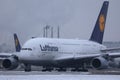 Lufthansa A380 Airbus plane taxiing on runway Royalty Free Stock Photo