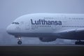 Lufthansa A380 Airbus plane taxiing on runway, cabin crew close-up view Royalty Free Stock Photo