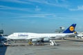 Lufthansa aircraft at the apron of Frankfurt international airport Royalty Free Stock Photo