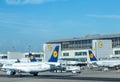 Lufthansa aircraft at the apron of Frankfurt international airport Royalty Free Stock Photo