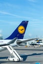 Lufthansa aircraft at the apron of Frankfurt international airport Royalty Free Stock Photo